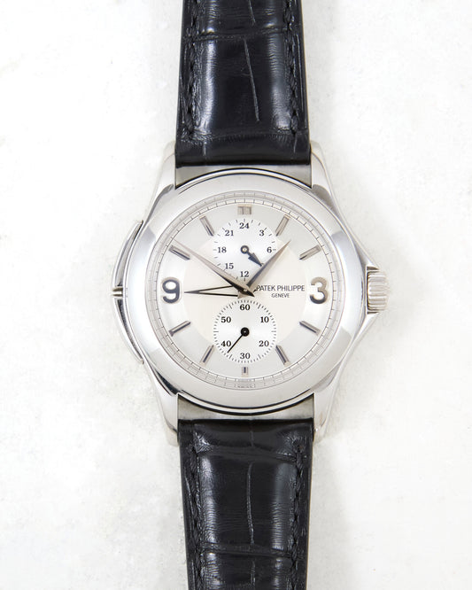 Patek Philippe Calatrava Travel Time 5134G in White Gold with Leather Strap and Deployant Buckle with Papers