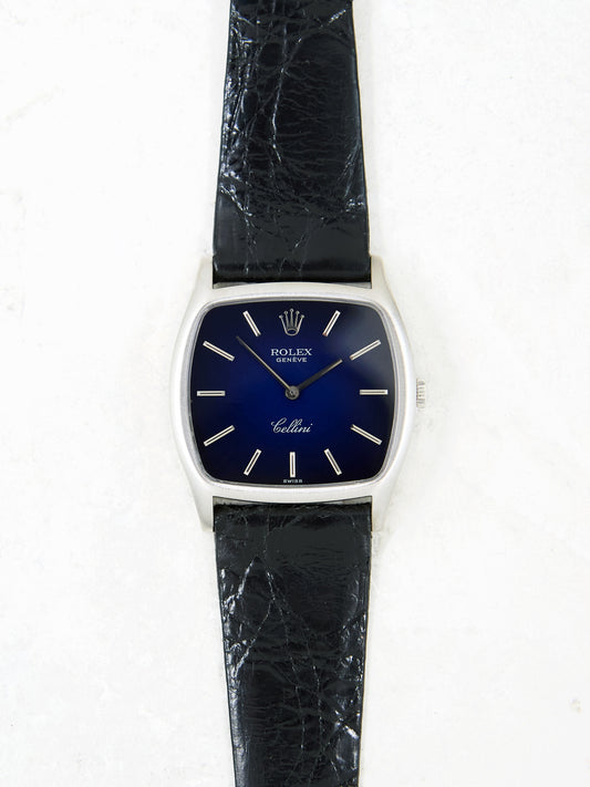 Rolex Cellini "TV" 3805 Blue Vignette Dial in White Gold Case on Leather Strap and Buckle