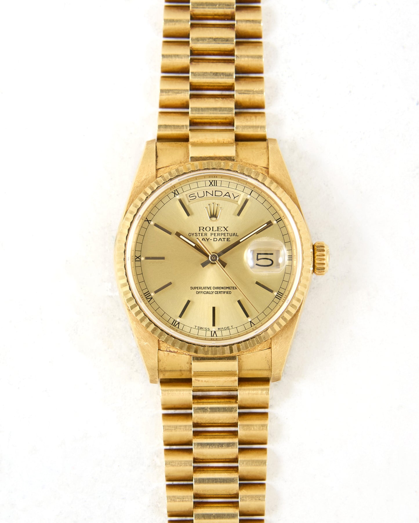 Rolex Day-Date 18038 Champagne Dial in Yellow Gold with Box & Papers - New Old Stock Condition