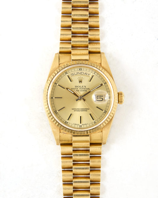 Rolex Day-Date 18038 Champagne Dial in Yellow Gold with Box & Papers - New Old Stock Condition