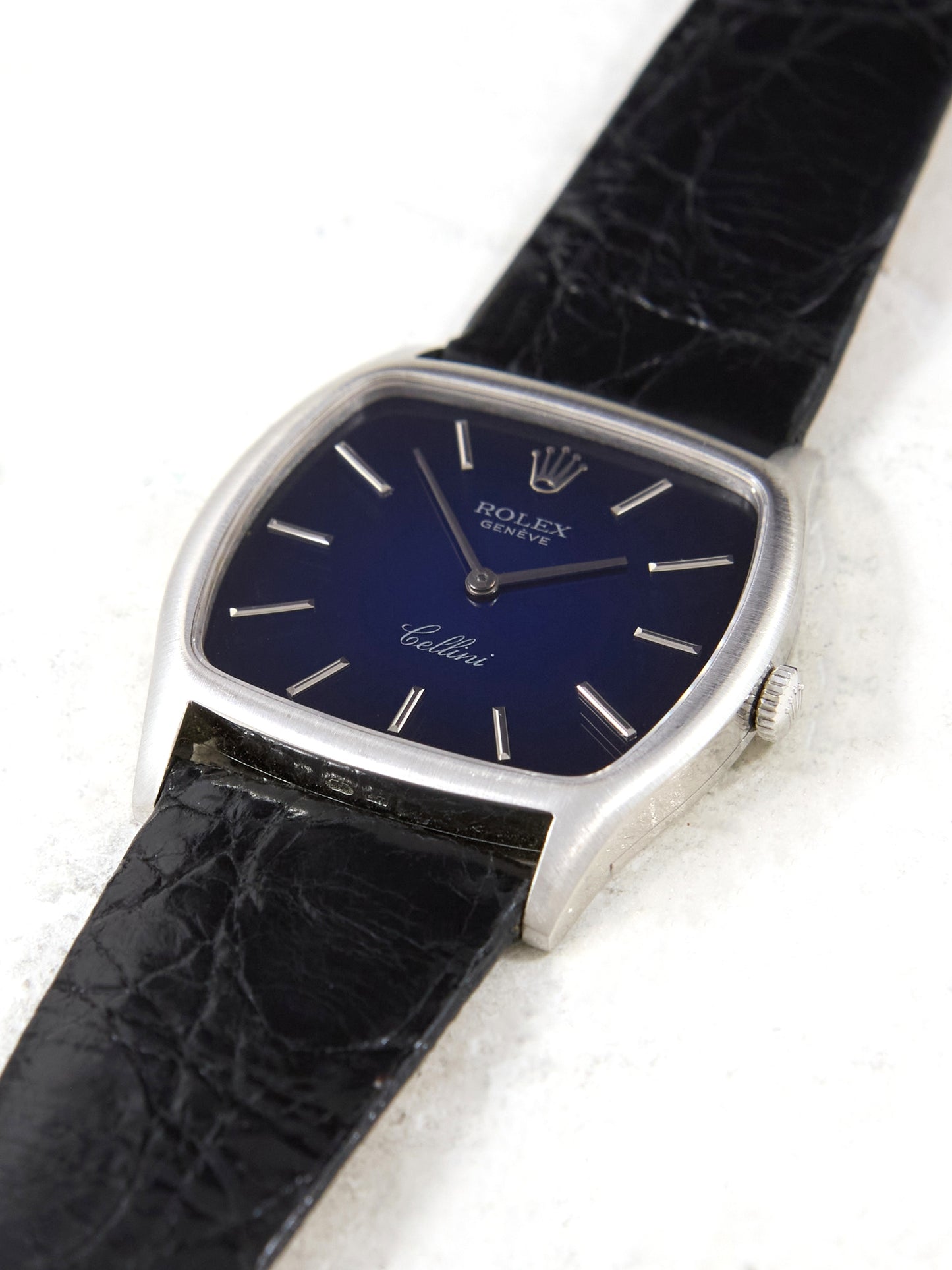 Rolex Cellini "TV"3805 Blue Vignette Dial in White Gold Case on Leather Strap and Buckle