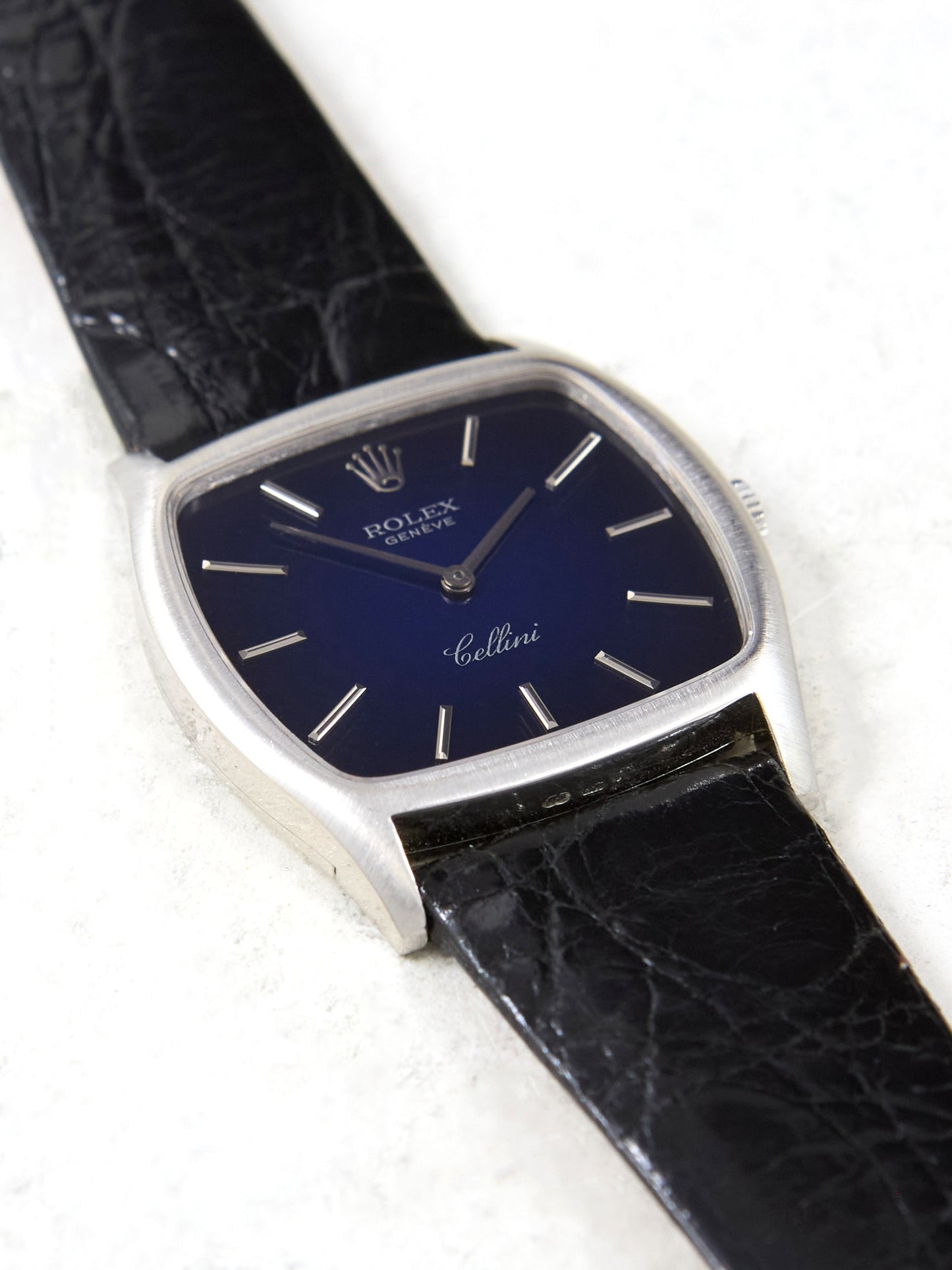 Rolex Cellini "TV"3805 Blue Vignette Dial in White Gold Case on Leather Strap and Buckle