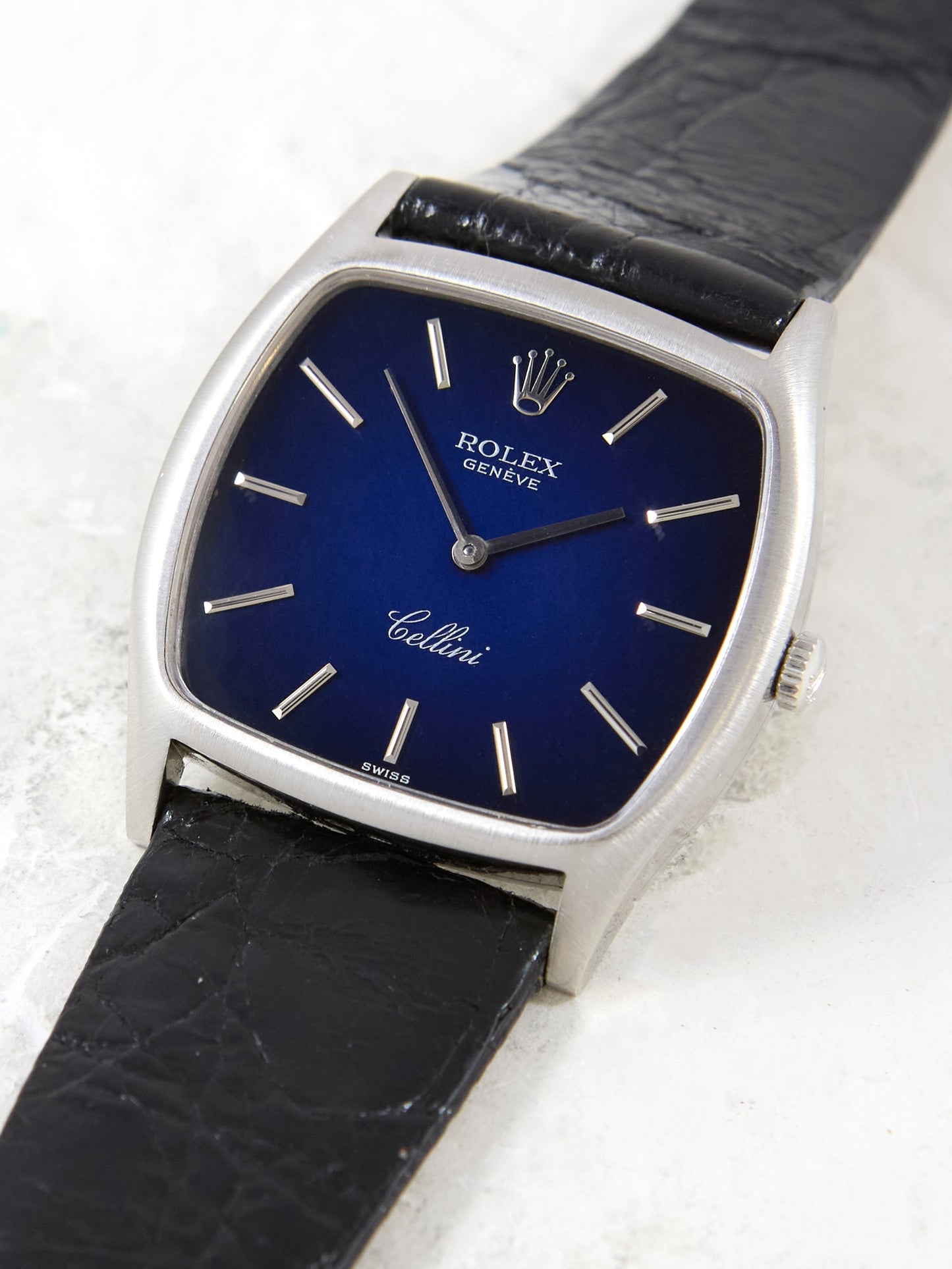 Rolex Cellini "TV"3805 Blue Vignette Dial in White Gold Case on Leather Strap and Buckle