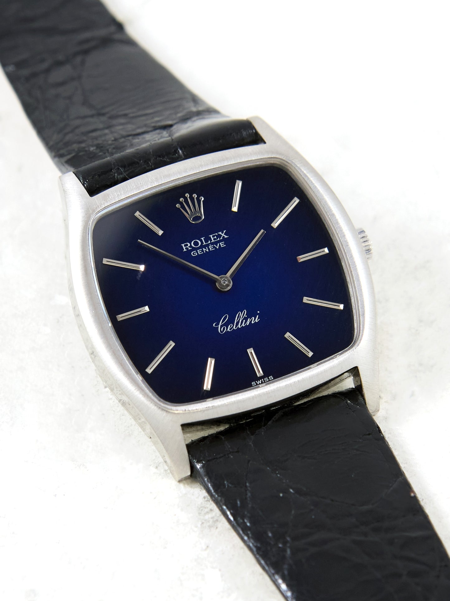 Rolex Cellini "TV"3805 Blue Vignette Dial in White Gold Case on Leather Strap and Buckle