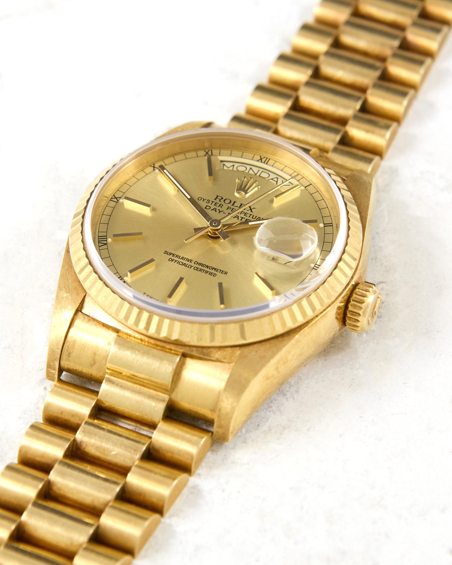 Rolex Day-Date 18038 Champagne Dial in Yellow Gold with Box & Papers - New Old Stock Condition