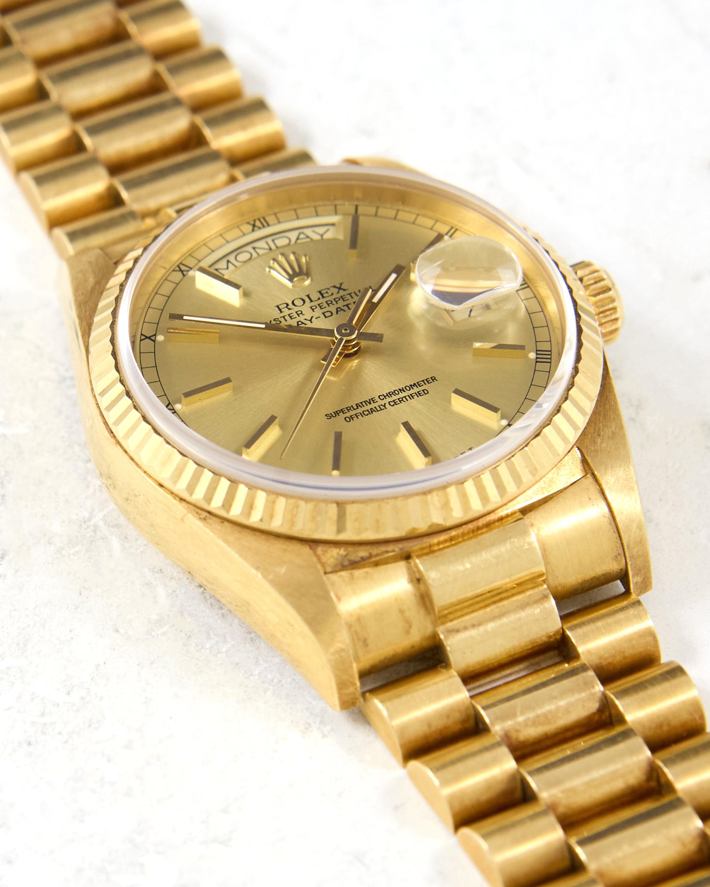 Rolex Day-Date 18038 Champagne Dial in Yellow Gold with Box & Papers - New Old Stock Condition