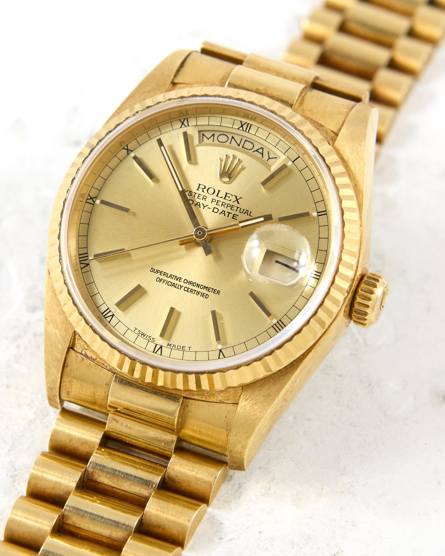 Rolex Day-Date 18038 Champagne Dial in Yellow Gold with Box & Papers - New Old Stock Condition