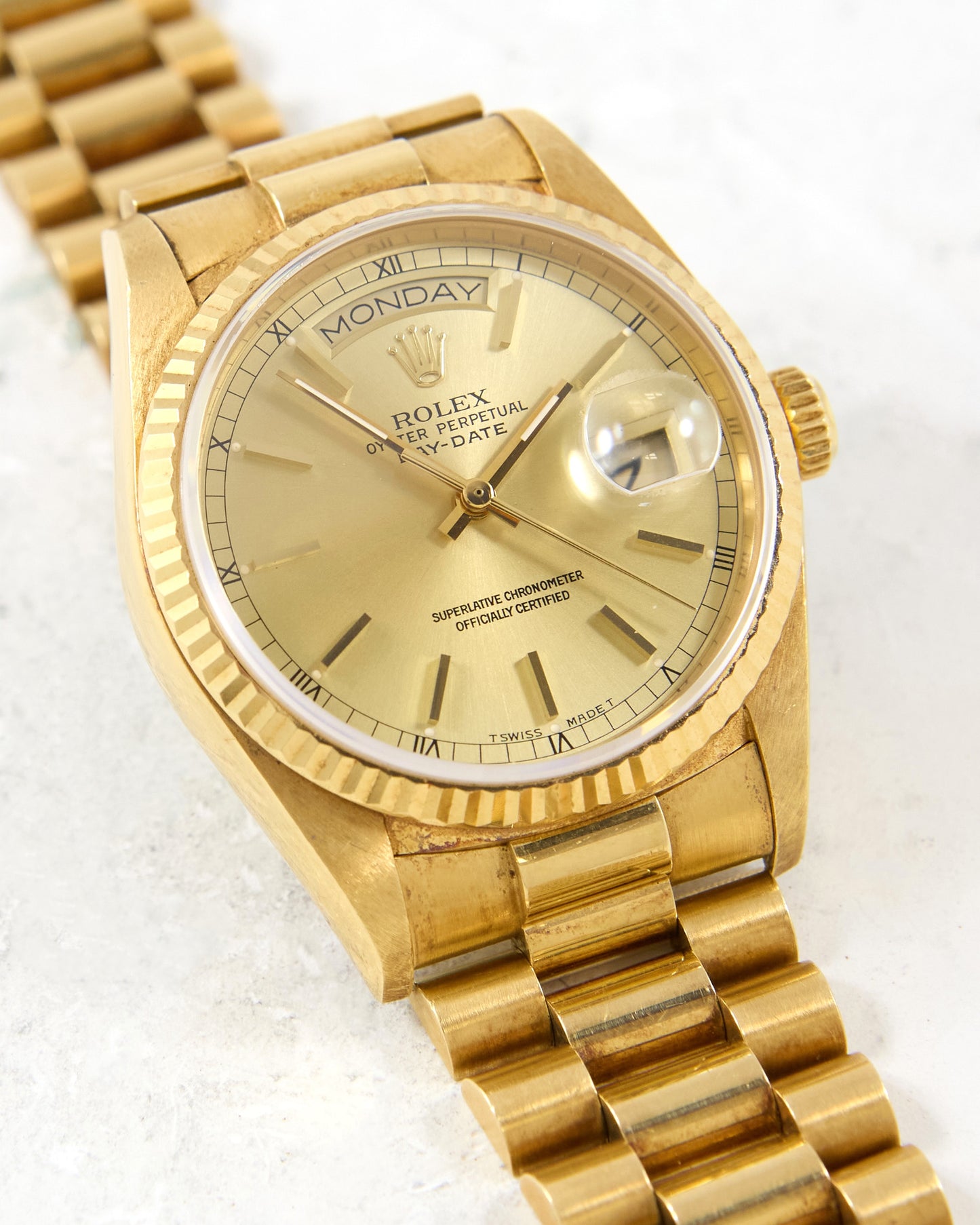 Rolex Day-Date 18038 Champagne Dial in Yellow Gold with Box & Papers - New Old Stock Condition