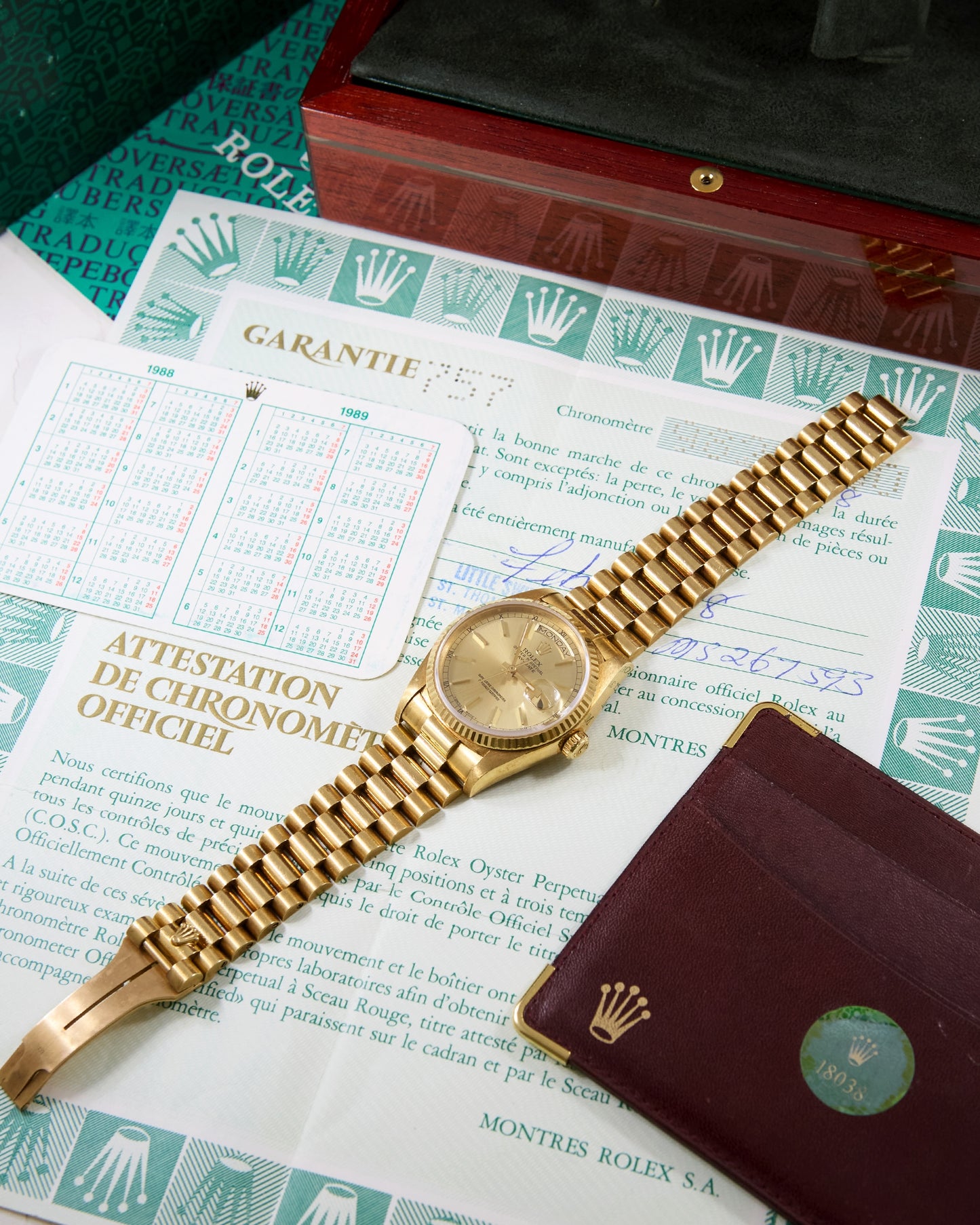 Rolex Day-Date 18038 Champagne Dial in Yellow Gold with Box & Papers - New Old Stock Condition