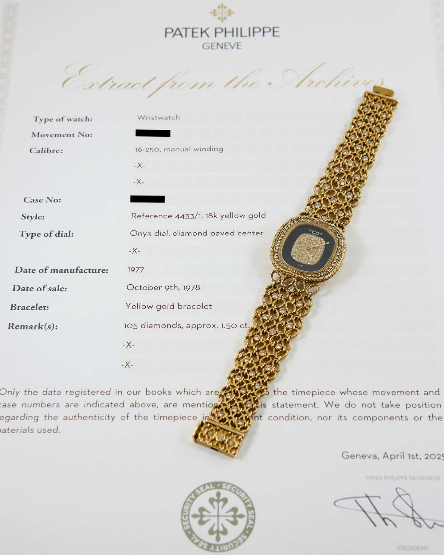 Patek Philippe Ellipse Onyx and Diamond Pave Dial on Gold Bracelet with Diamonds