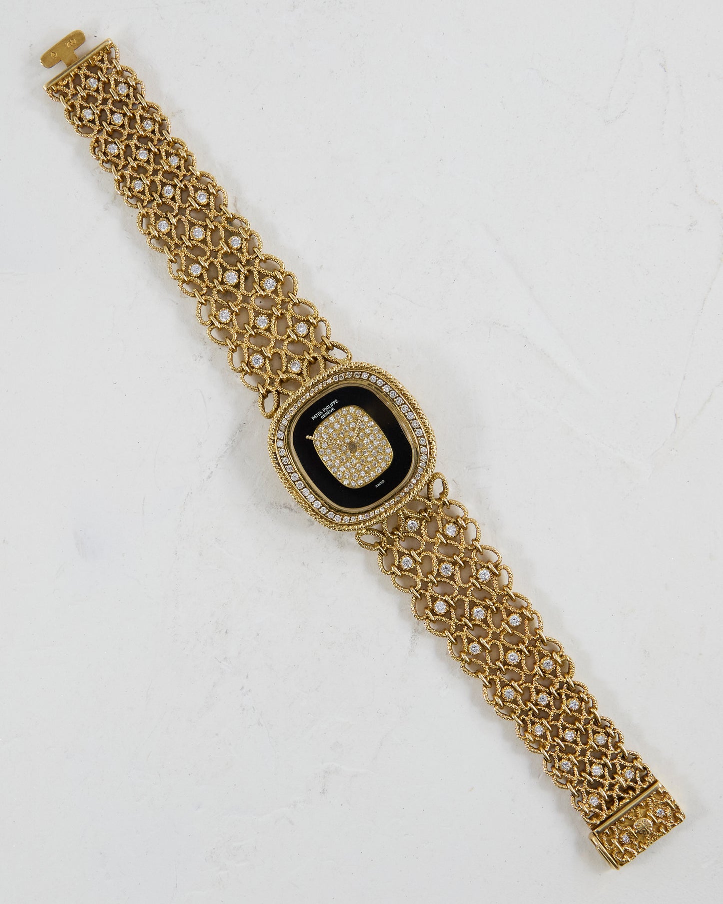 Patek Philippe Ellipse Onyx and Diamond Pave Dial on Gold Bracelet with Diamonds